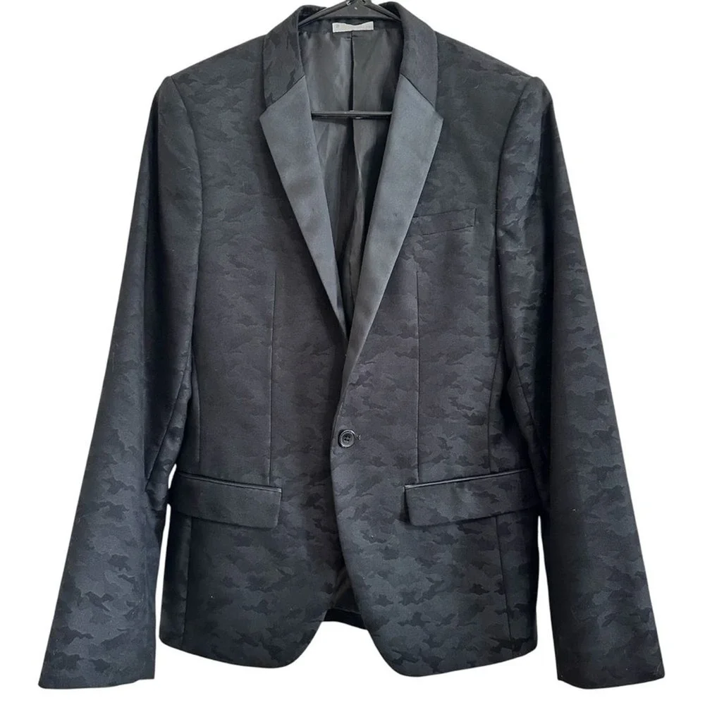 Original Use Mens Black Camo Jacquard Blazer Satin Peak Lapel Jacket‎ Small
